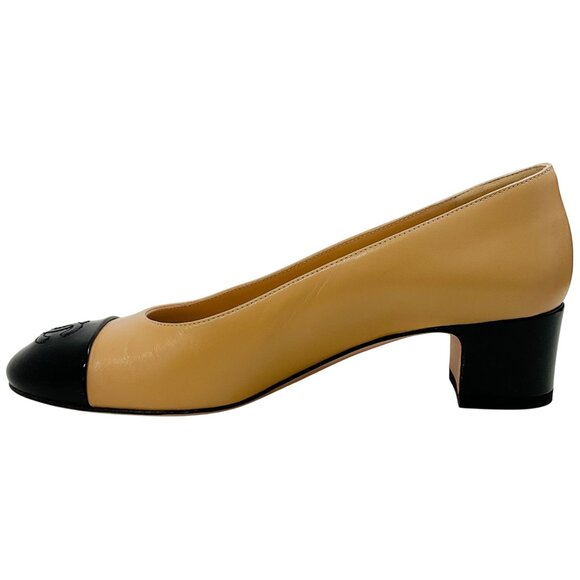 Chanel Beige Leather / Black Patent Leather Logo Cap Toe Pumps - Picture 3 of 6